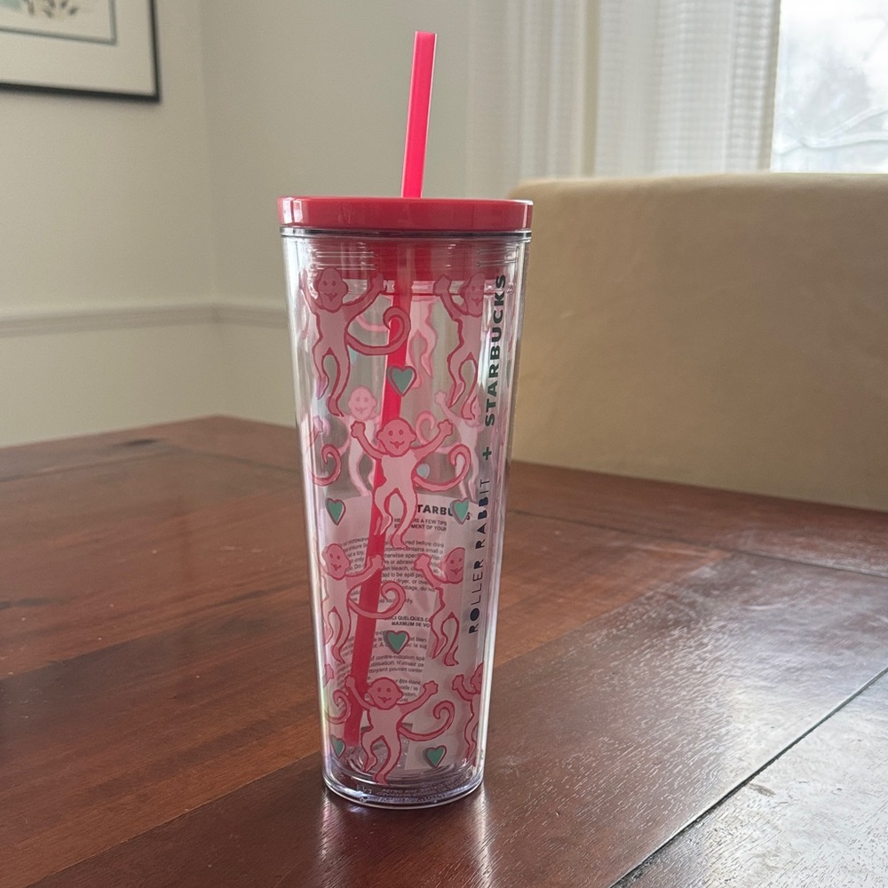 Roller Rabbit x Starbucks Pink Monkey Pattern Double Wall Tumbler with Straw
